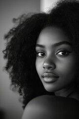 Fototapeta premium A black-and-white portrait of a young Black woman with natur, Generative AI
