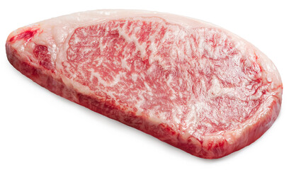 Rare Sliced Wagyu beef with marbled texture steak isolated on white background, Marbled meat texture of A5 Beef Marbling steak on white with clipping path.