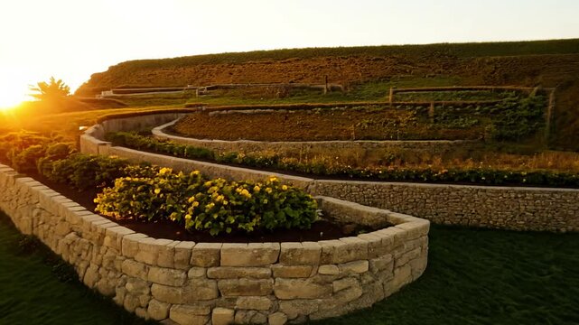 Full 360-degree rotation video showing a hillside garden with cascading groundcover and retaining walls, warm light enhances the textures and contours of the landscape