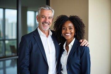 A Portrait Headshot Photo of Two Friendly Professional CEO Executive Business Workers Colleagues Engaged in a Professional Conversation. Generative AI