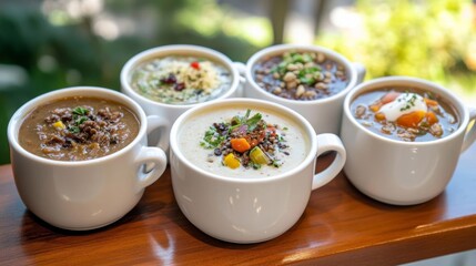 Assortment of Gourmet Soups in White Bowls