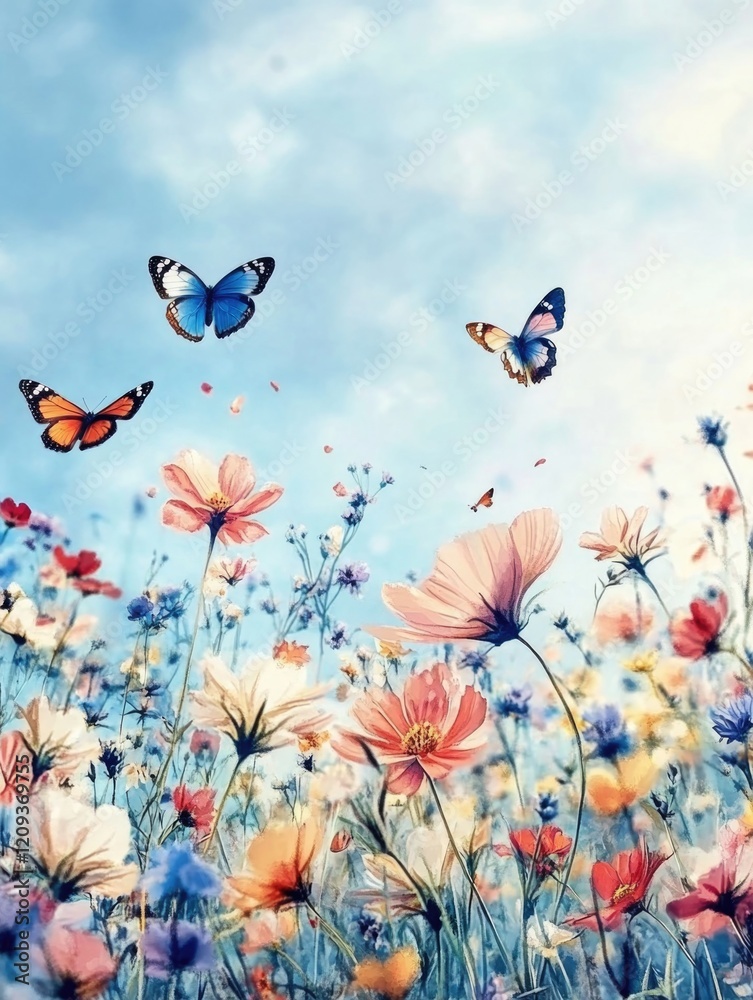 Wall mural Field of flowers with butterflies