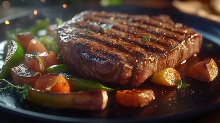 Juicy Grilled Steak with Char Marks Accompanied by Colorful Vegetables on a Dark Plate