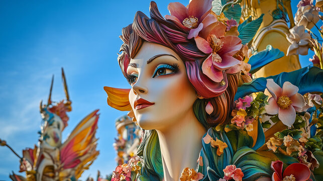 Beautiful Las Fallas statues with mythological and modern art themes, decorated with bright colors and artistic details, Ai generated images