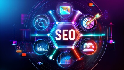A digital marketing concept with vibrant icons representing SEO, social media, and analytics, symbolizing the modern approach to online marketing.
