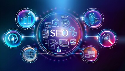 A digital marketing concept with vibrant icons representing SEO, social media, and analytics, symbolizing the modern approach to online marketing.
