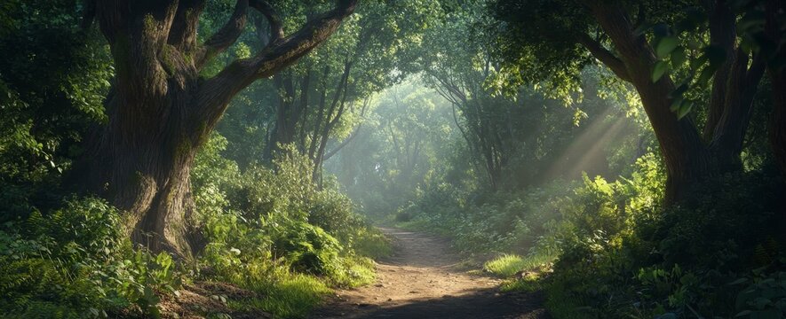 Sunbeams illuminate a misty forest path.
