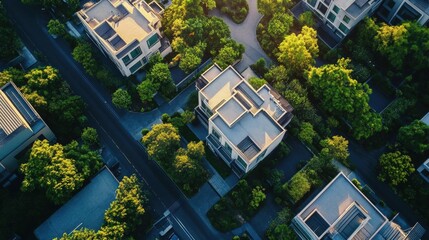 Obraz premium Modern Homes Nestled Among Green Trees Create a Serene Urban Oasis with Sustainable Living in Quiet Neighborhood.
