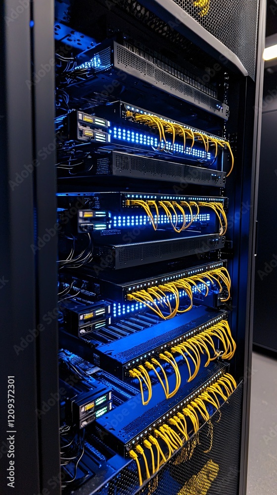 Poster a secure data center with glowing blue lights and servers symbolizing strong communication security 