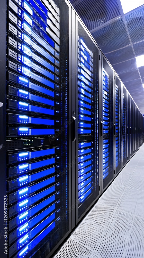 Poster a secure data center with glowing blue lights and servers symbolizing strong communication security 