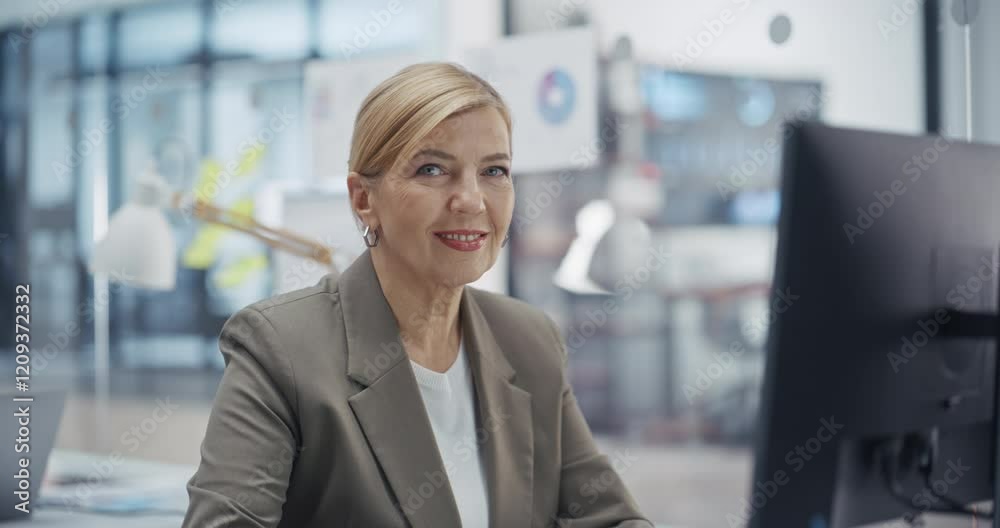 Aufkleber adult female manager using desktop computer while sitting behind a desk in the office. portrait of a