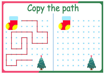 activities for children. Copy the path. Logic games for children. Vector illustration. The book is square format. New Year. Christmas	