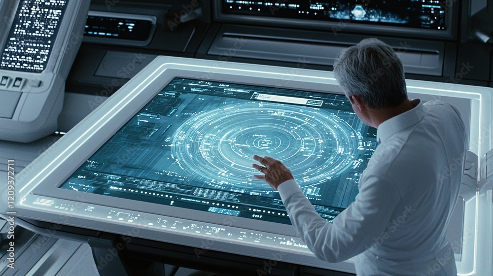 Aufkleber a professional retrieving specific data from a futuristic search interface on a large display.