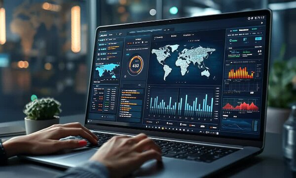 Woman analyzing global data on laptop at night