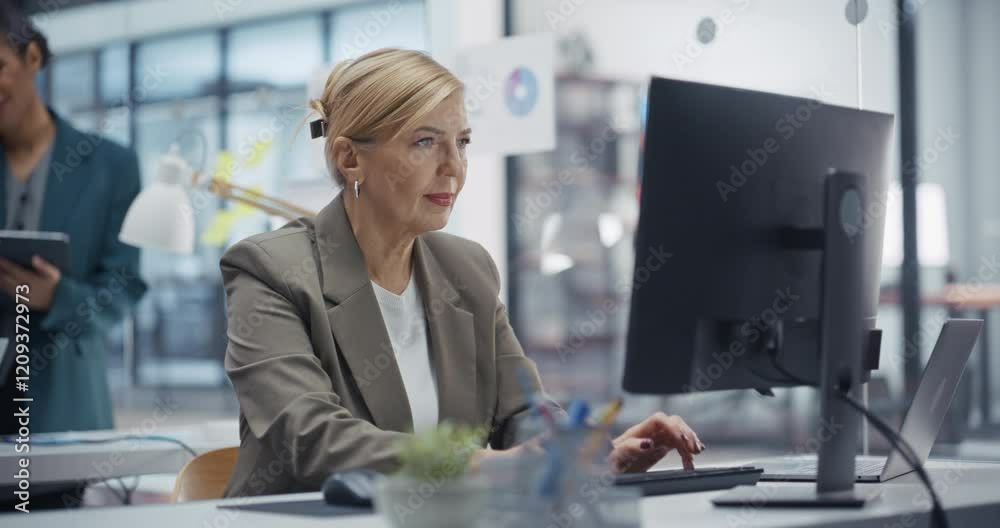 Poster female financial analyst forecasts market trends on a desktop computer in a modern office with diver