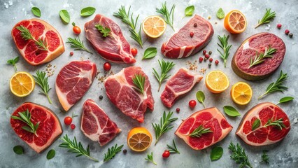 Aromatic Selection of Raw Meat Cuts Garnished with Fresh Herbs and Citrus Fruits for Culinary Delights