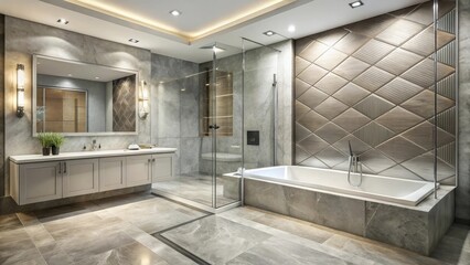 Luxurious Modern Bathroom Design Featuring a Freestanding Tub and Glass-Enclosed Shower with Elegant Gray and Beige Tile Accents