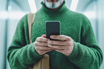 Man in Green Sweater Using   in Modern Setting