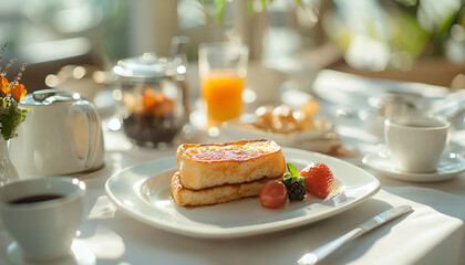 french toast on white plate for breakfast