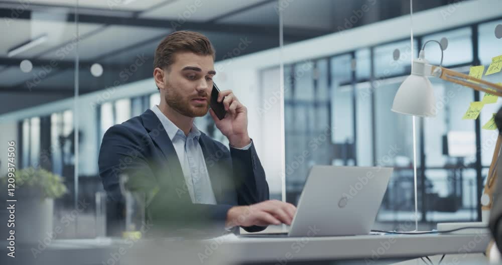 Aufkleber business consultant advises a client on phone while sharing data on laptop computer. he offers exper