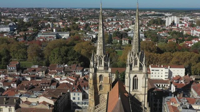 Bayonne Cathedral and cityscape, France. Aerial drone panoramic view