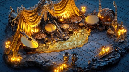 Obraz premium Fantasy musical stage, instruments, candles, night, stone floor, game asset