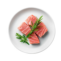 Tuna steak on a plate, isolated on a white background, elegantly presented to highlight freshness. cutout png