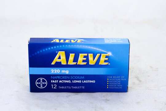 Johannesburg, South Africa - a box of Aleve tablets isolated on a clear background with copy space