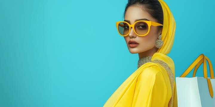 Stylish Indian Woman in Yellow Outfit with Sunglasses on Blue Background