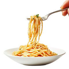 Holding a forkful of spaghetti, isolated on a white background, ready for a delightful meal. cutout png