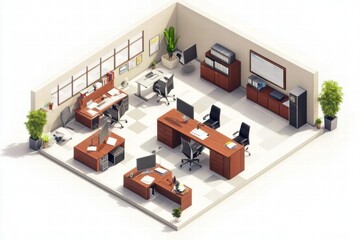 Naklejka premium Modern Office Interior Design Shows Workspace with Desk, Computer, and Plant Decoration Theme.