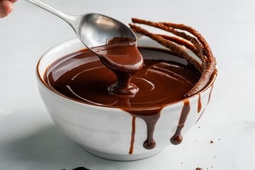 A spoon is dipping into a bowl of chocolate sauce