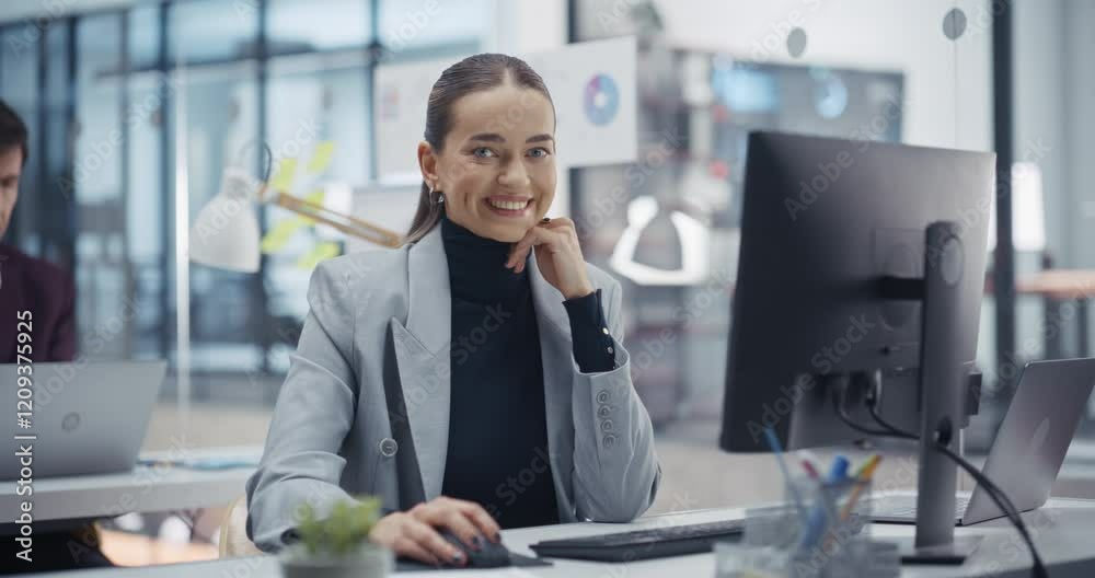 Poster beautiful female manager using desktop computer while sitting behind a desk in the office. portrait 