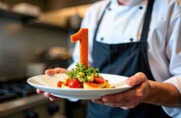 A chef skillfully holds a colorful dish adorned with a number one amidst a lively kitchen atmosphere