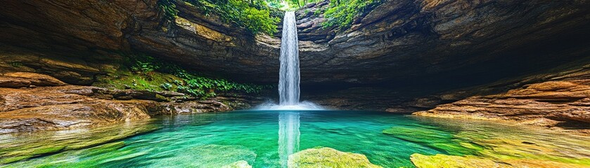 Lush green waterfall cascades into turquoise pool, hidden cave backdrop. Travel poster