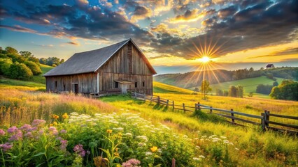 Rustic Wooden Barn in a Vibrant Wildflower Meadow at Sunset with Rolling Hills and a Wooden Fence