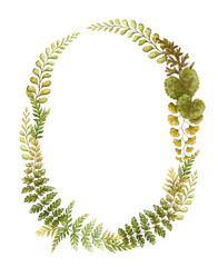 Elliptical wreath with fern leaves botanical card template in earth tone. Hand drawn watercolor elegant floral frame. Perfect for the use of ecological material and sustainable designs.