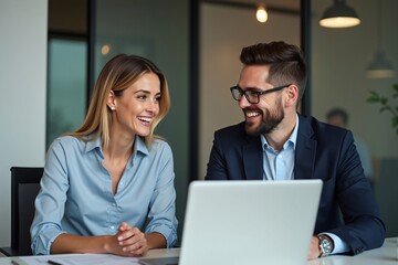 Happy Professional Business Man and Woman Working on a Laptop at an Office Meeting, Two Busy Colleagues Collaborating and Discussing a Business Plan Together. Generative AI