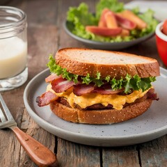 A sandwich with bacon and cheese on a plate with a glass of milk