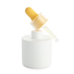 Bottle of cosmetic product with dropper isolated on white