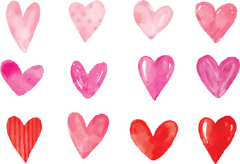 Watercolor heart vector, Valentines day, aquarelle illustration. Set of hand painted watercolor hearts. Isolated objects perfect for Valentine's day card or romantic post cards.
