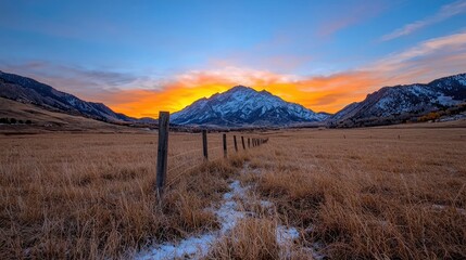 Mountain sunset landscape, winter field, fence, colorful sky, nature photography, travel poster