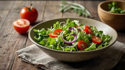 A bowl is placed on black marble and there is a juicy fish salad with vegetables in the bowl and a fork is also placed on top of the bowl and there are vegetables around ai generated