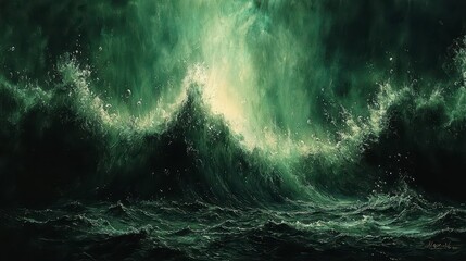 Dramatic green ocean waves crashing under stormy sky.