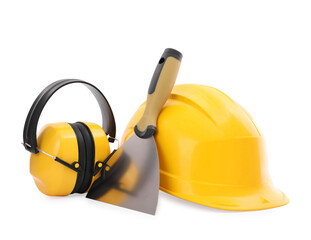 Protective equipment and construction tool isolated on white