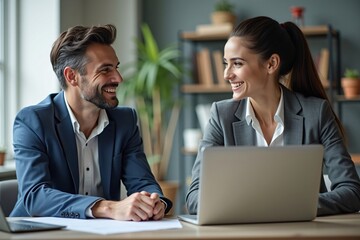 Fototapeta premium Happy Professional Business Man and Woman Working on a Laptop at an Office Meeting, Two Busy Colleagues Collaborating and Discussing a Business Plan Together. Generative AI