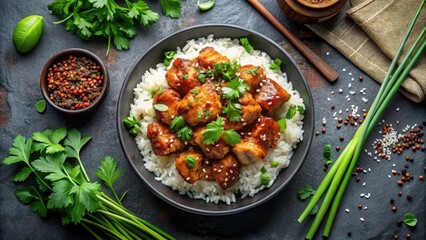 Savory Glazed Protein Cubes Served Over Fluffy White Rice, Garnished with Fresh Herbs and Sesame Seeds in a Dark Bowl