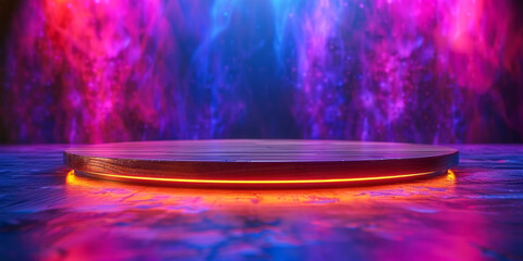 Luxurious circular podium, stage for advertising product demonstrations. Neon lighting.