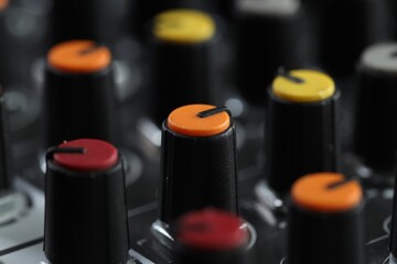 Professional mixing console, closeup. Radio studio equipment