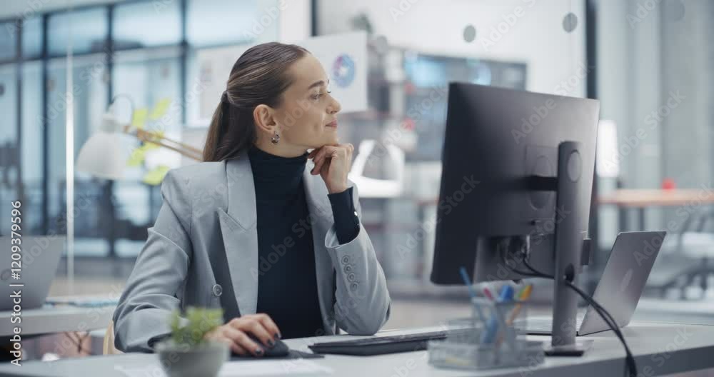 Poster successful caucasian manager sitting behind a desk, working on desktop computer in office with diver